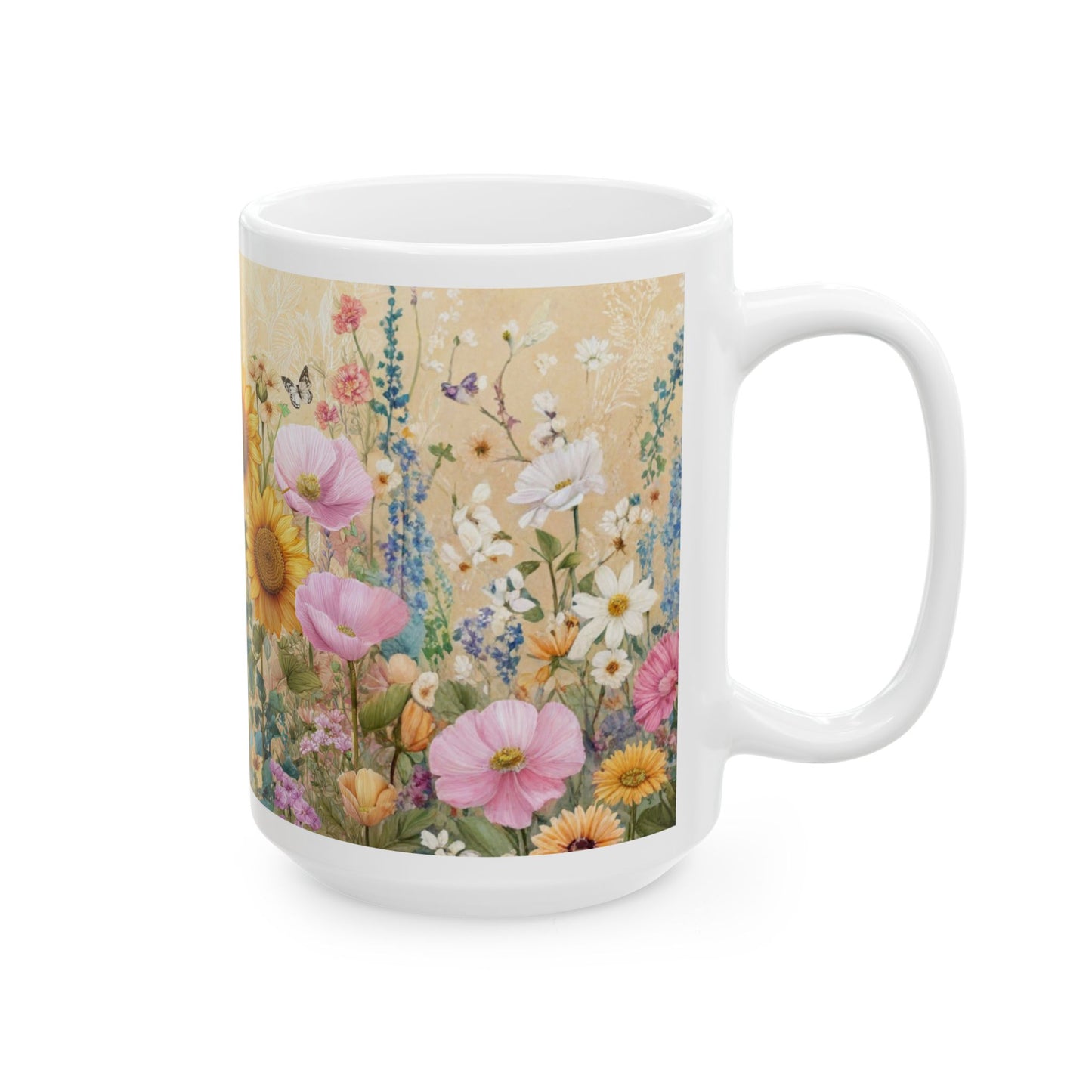 Floral Sunflower Meadow Ceramic Mug – Vintage Wildflower Coffee Cup (11oz, 15oz)