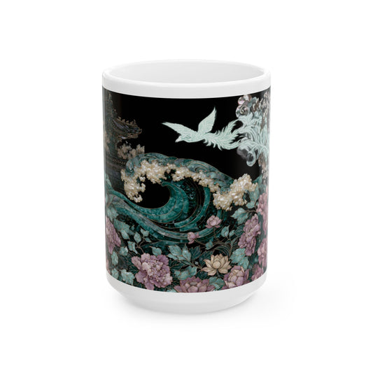 Floral Wave Ceramic Mug — Vintage Japanese-Inspired Crane & Ocean Design (11oz, 15oz)