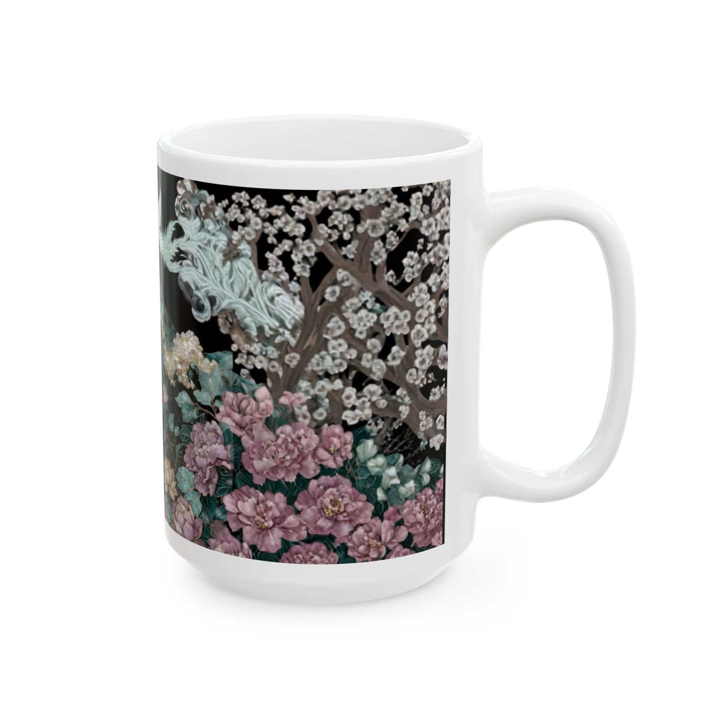 Floral Wave Ceramic Mug — Vintage Japanese-Inspired Crane & Ocean Design (11oz, 15oz)