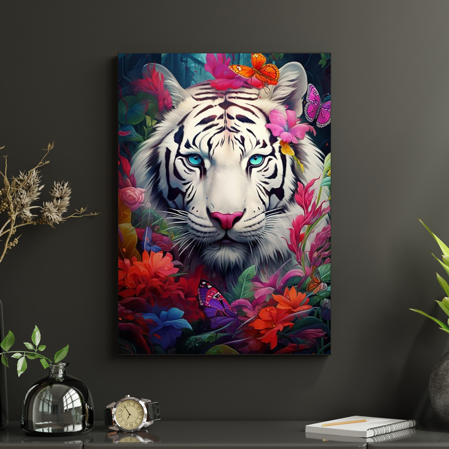 White Tiger Floral Poster – Vibrant Jungle Animal Wall Art