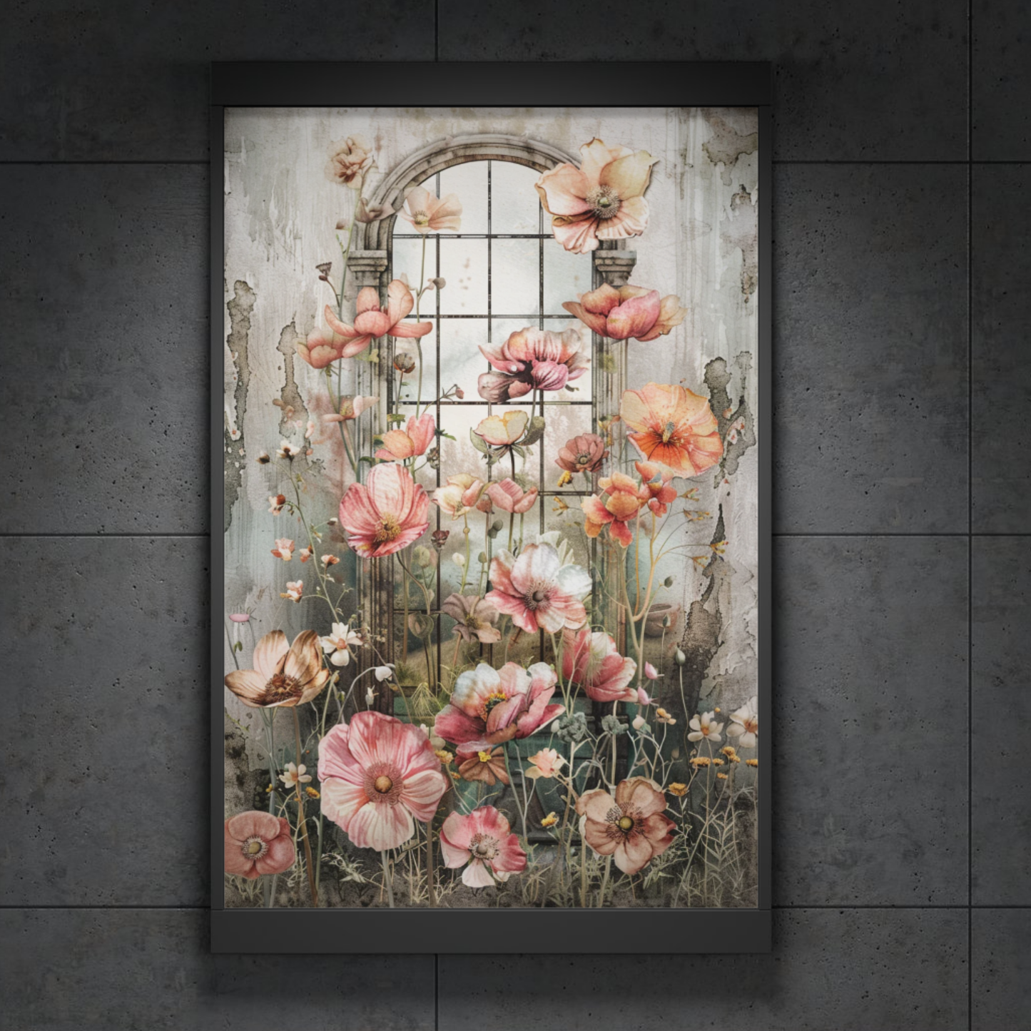 Floral Window Poster — Vintage Pink Poppies Rolled Wall Art