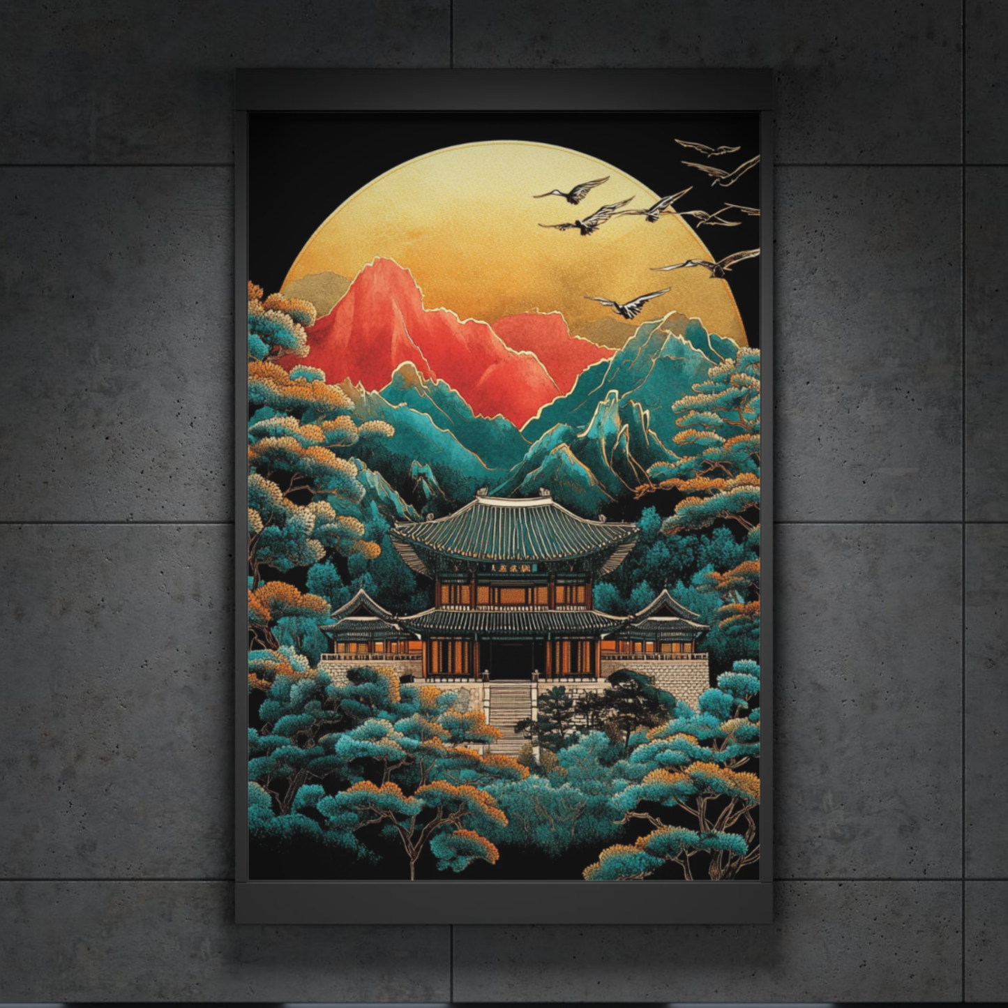 Golden Moon Korean Temple Landscape Art Print