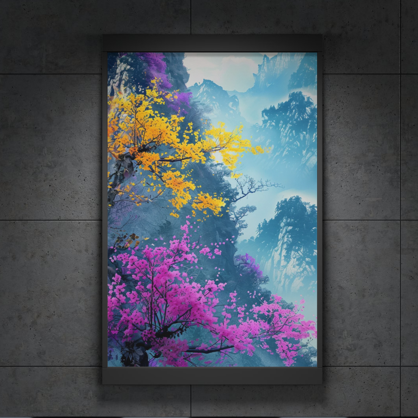 Floral Mountain Landscape Poster — Vibrant Cherry Blossom & Golden Trees Wall Art