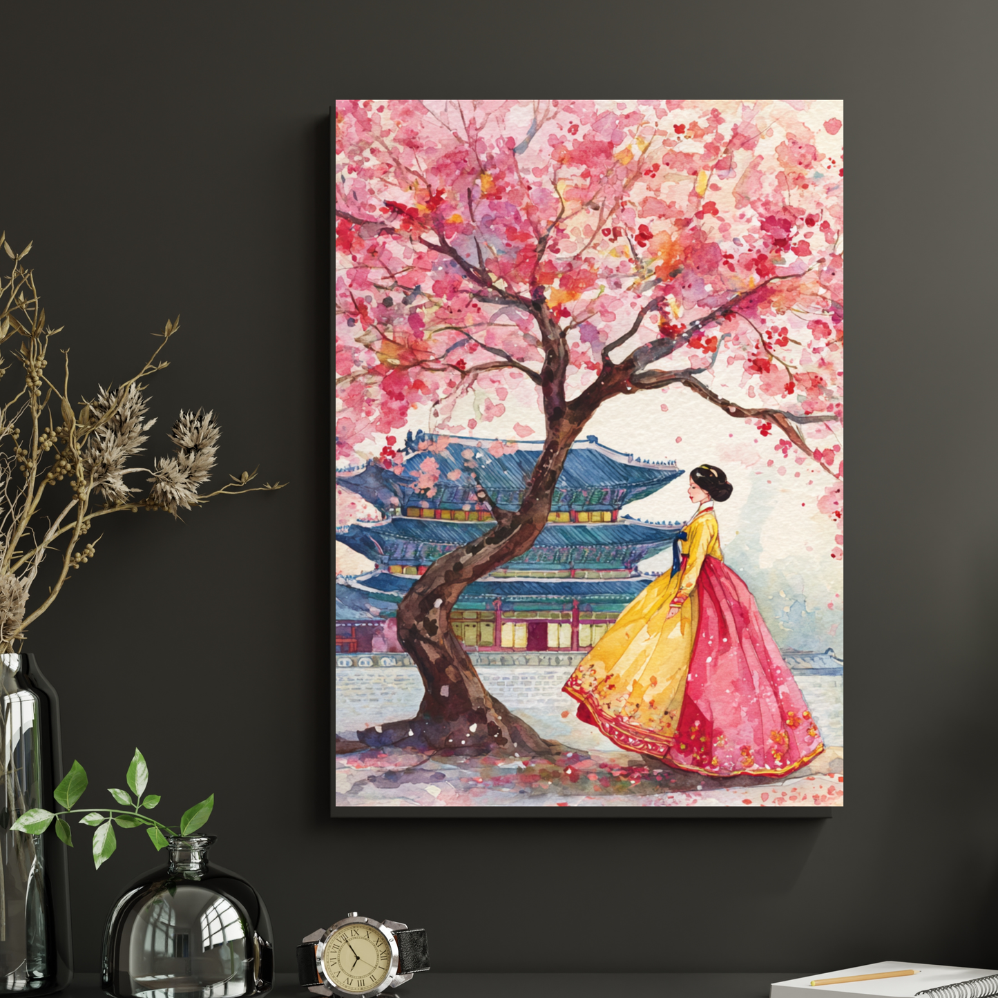 Korean Hanbok Cherry Blossom Poster — Rolled Art Print