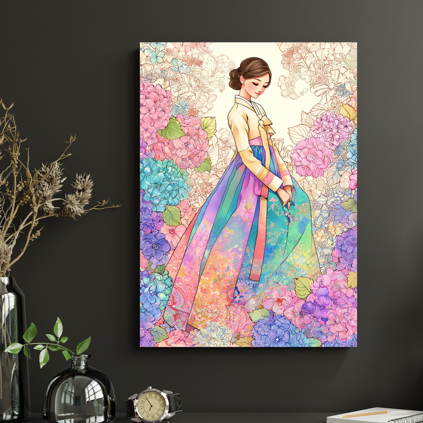Elegant Korean Hanbok Woman Floral Art Print