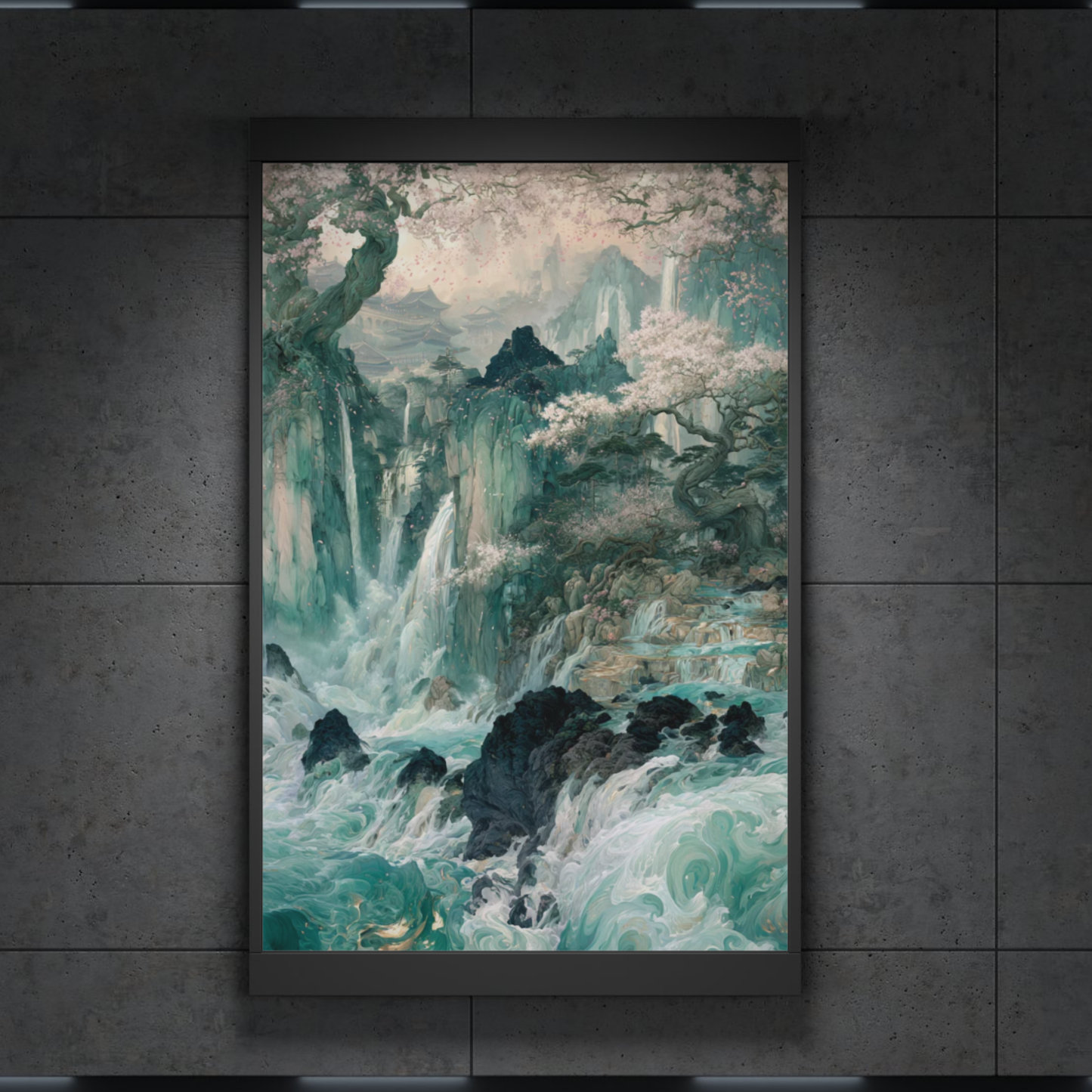 Tranquil Jade Waterfall Landscape Art Print