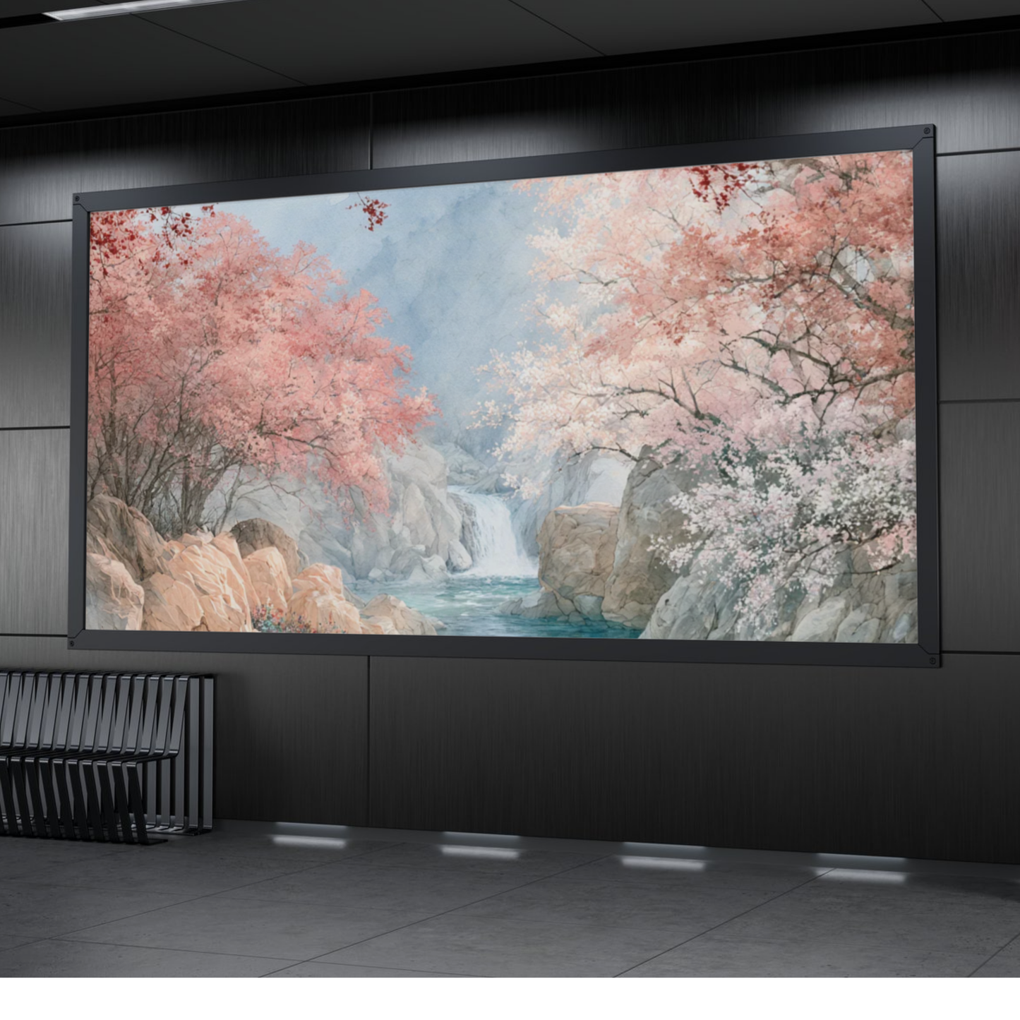 Serene Cherry Blossom Waterfall Art Print