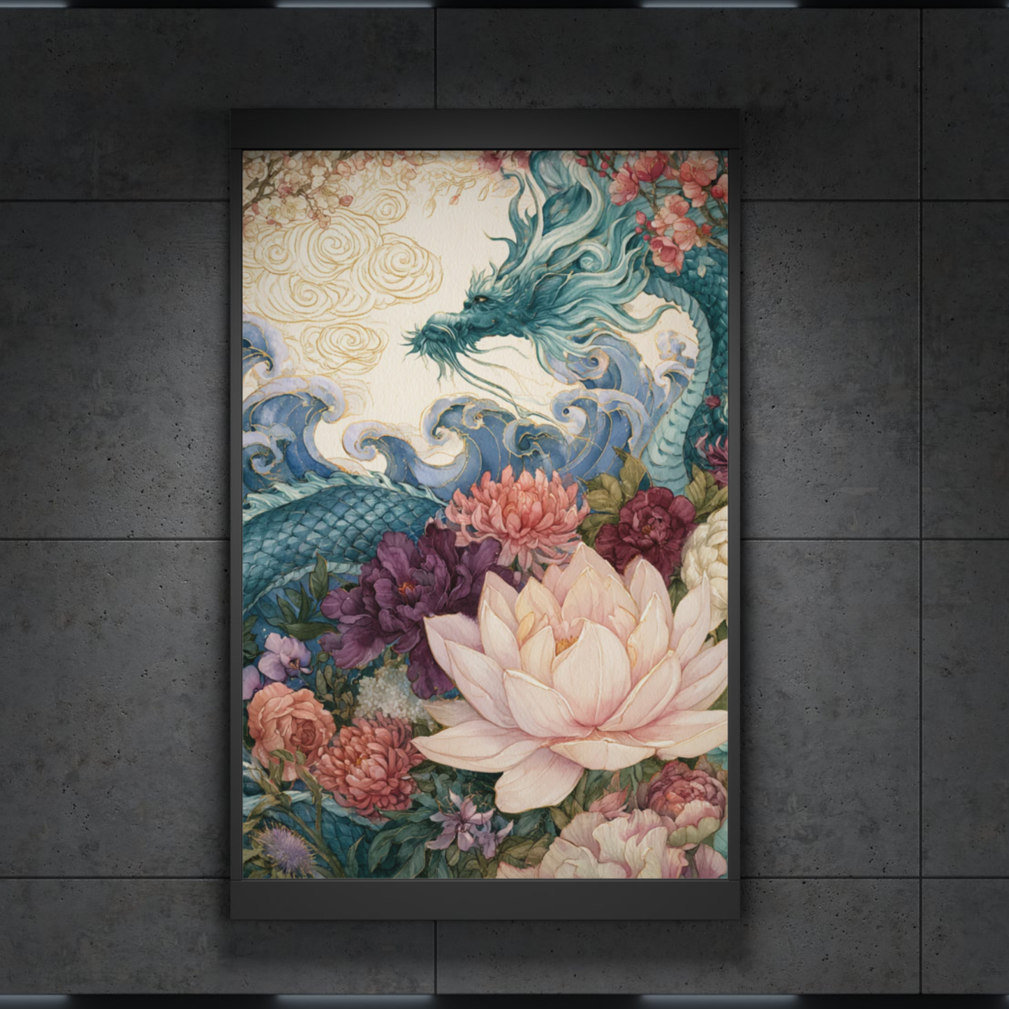 Dragon & Lotus Watercolor Poster — Textured Matte Botanical Art Print