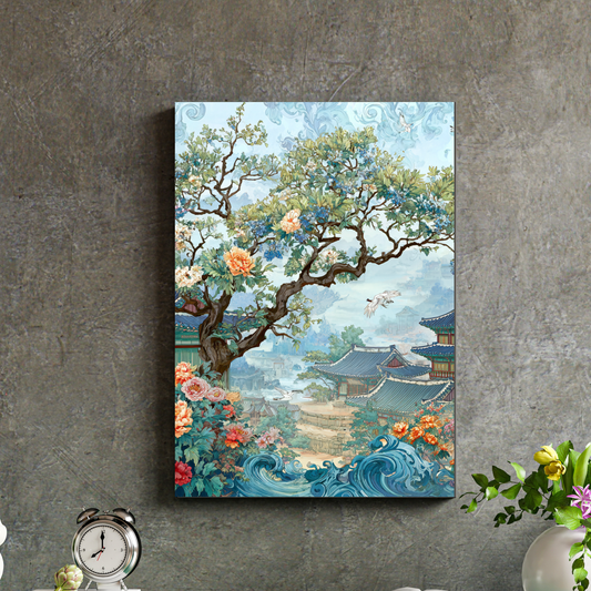 Asian Landscape Poster — Traditional Pagoda & Cherry Blossom Rolled Art Print