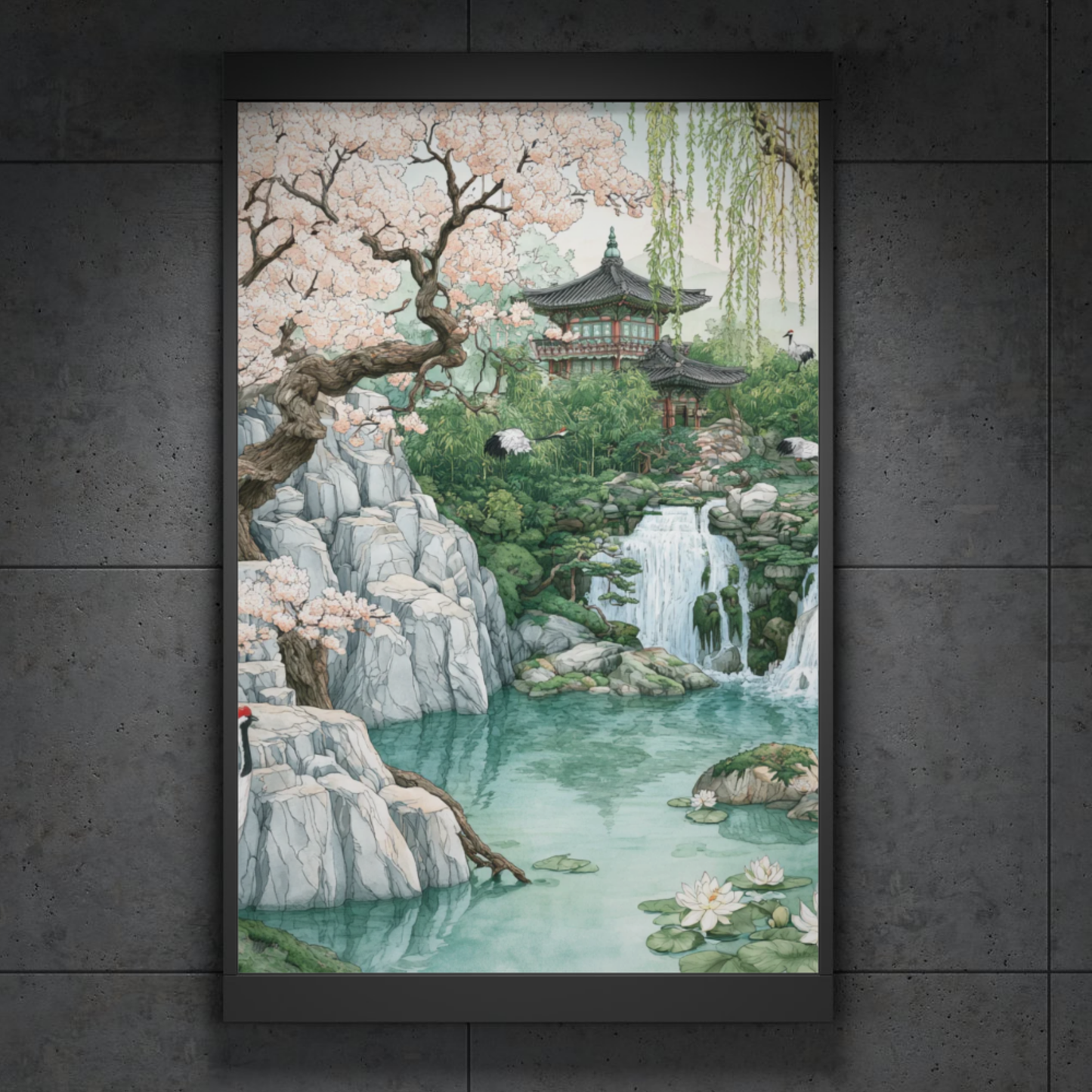 Oriental Waterfall Landscape Rolled Poster