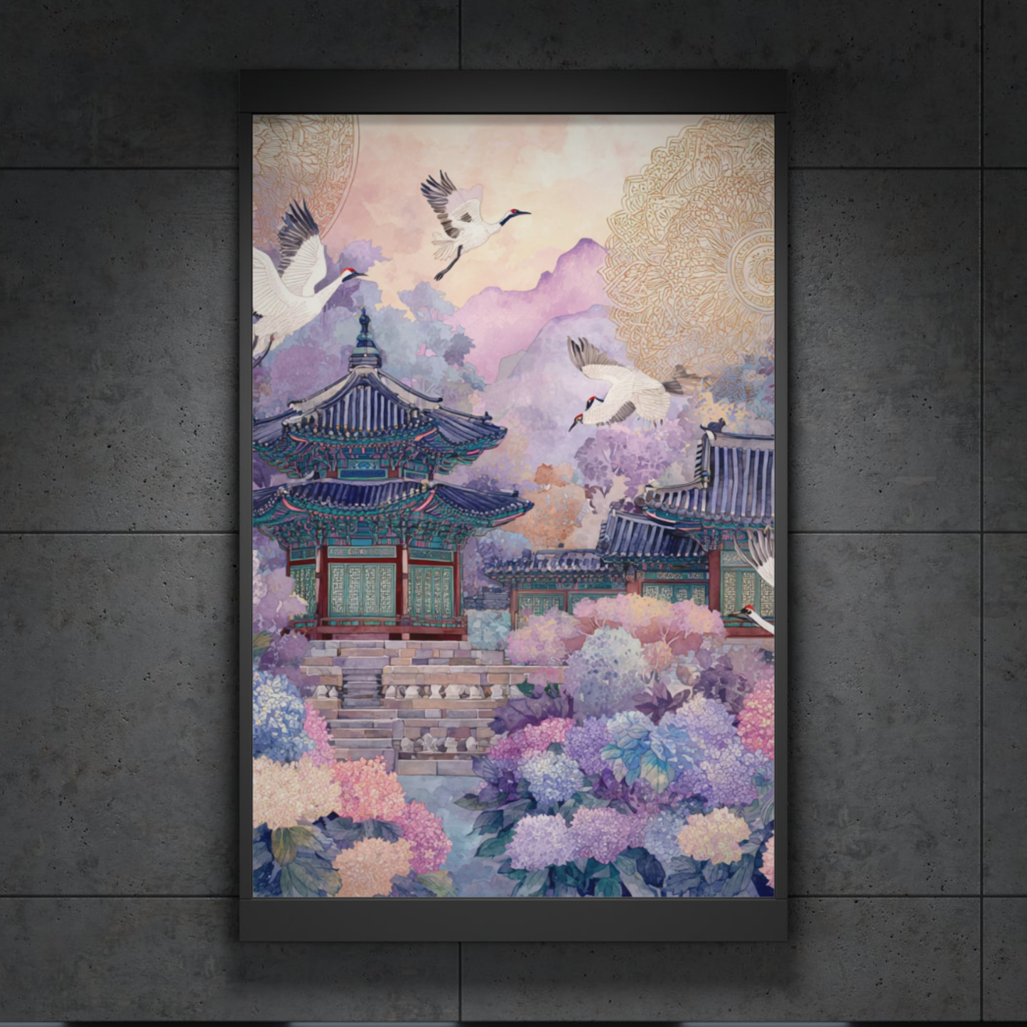 Korean Temple Landscape Poster — Pastel Cranes & Cherry Blossom Wall Art