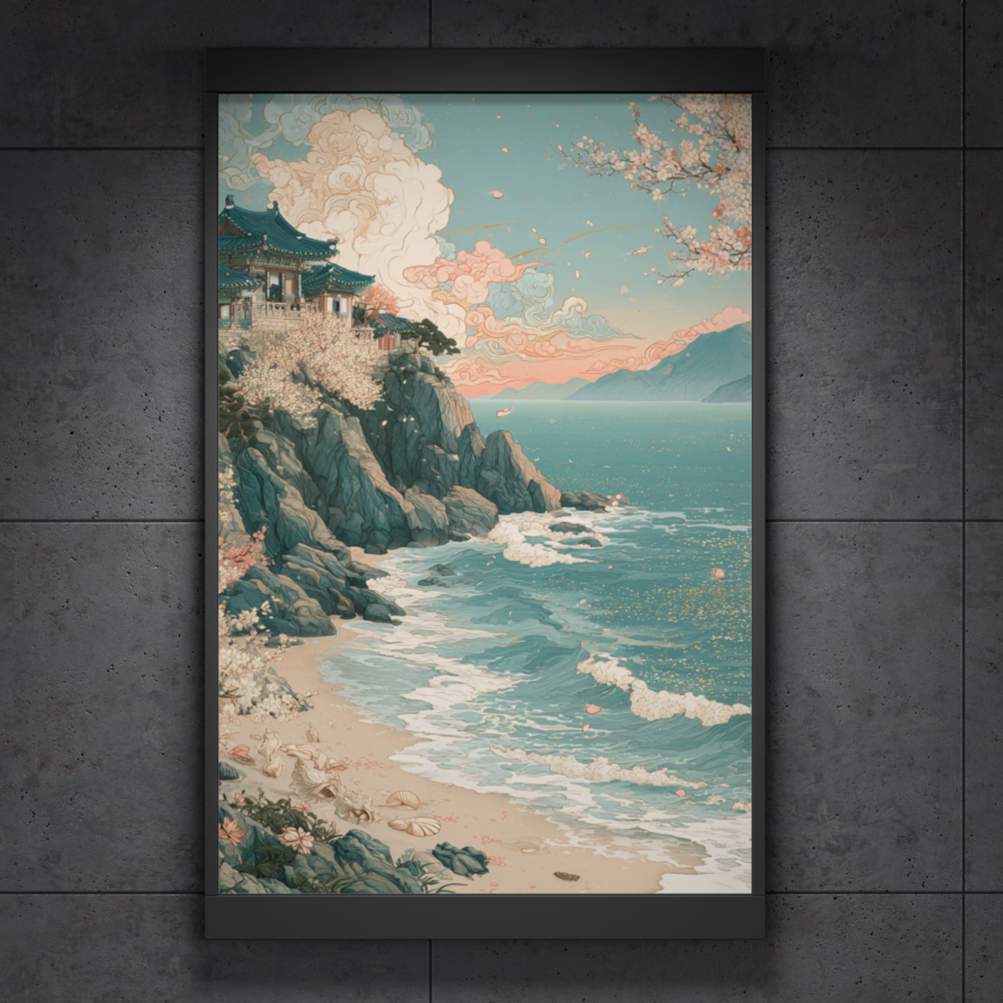 Coastal Temple Seascape Poster — Cherry Blossom Shoreline Art Print