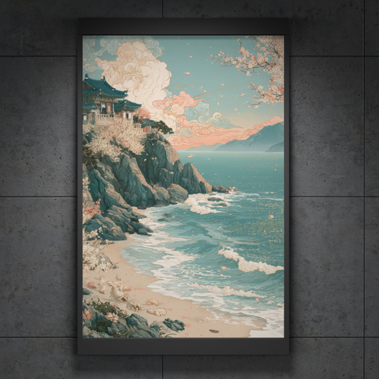 Coastal Temple Seascape Poster — Cherry Blossom Shoreline Art Print
