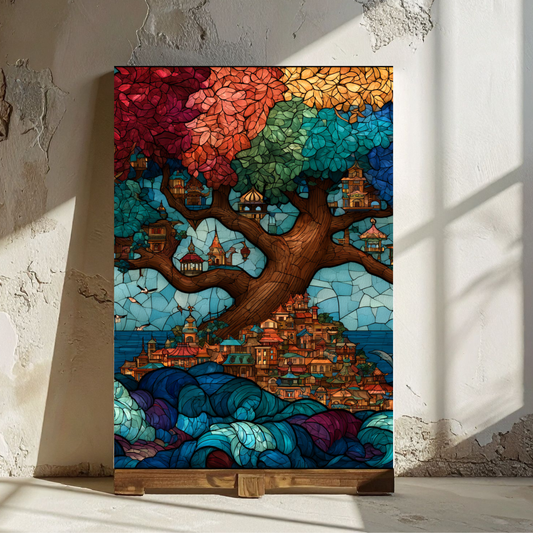 Stained Glass Tree Coastal Village Poster