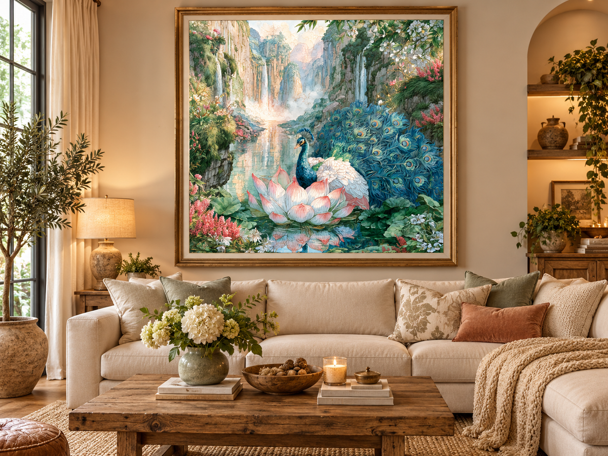 Peacock Waterfall Acrylic Print — Ethereal Botanical Wall Art (French Cleat Hanging)