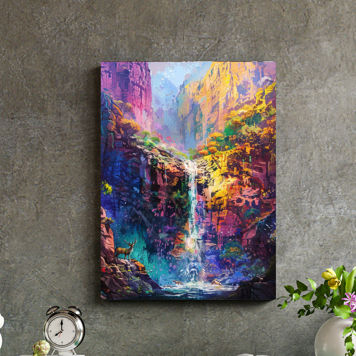 Colorful Waterfall Canvas Print — Vibrant Abstract Landscape Wall Art