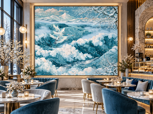 Serene White Cranes Over Ocean Waves Wall Art