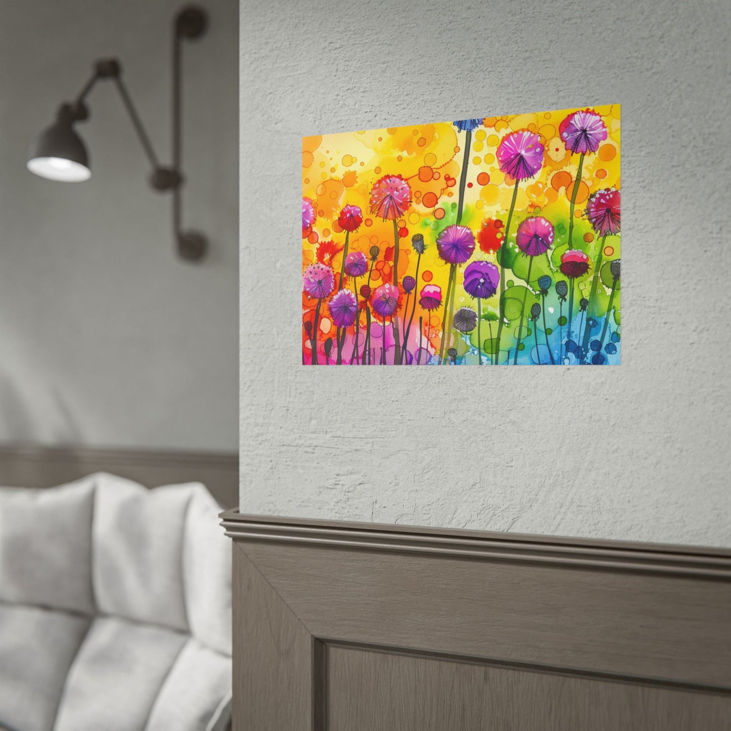 Colorful Floral Watercolor Poster — Rainbow Dandelion Garden Rolled Print