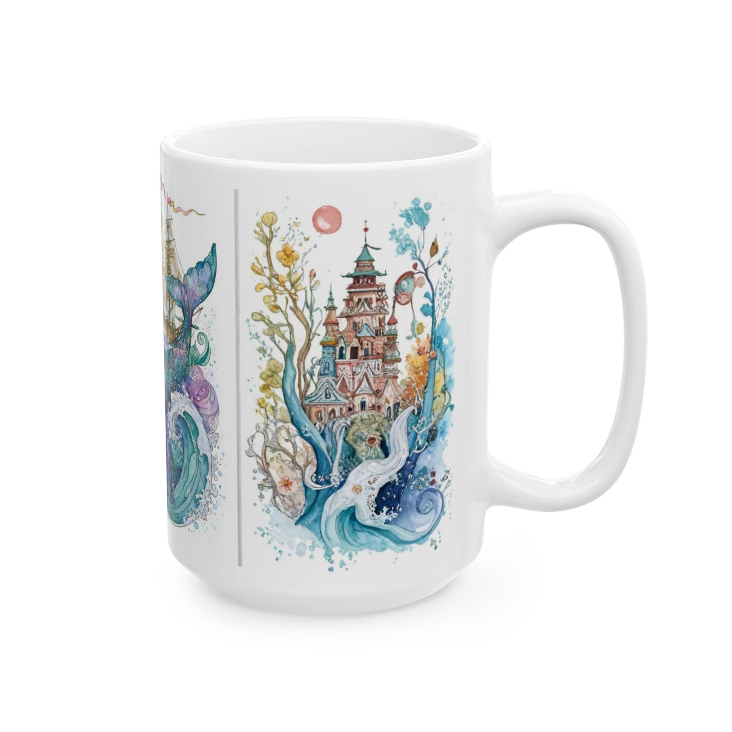 Whale & Ship Watercolor Ceramic Mug — Nautical Ocean Art Coffee Cup (11oz/15oz)