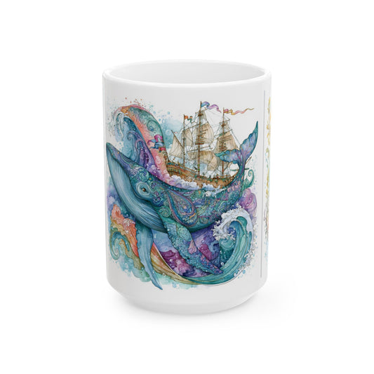 Whale & Ship Watercolor Ceramic Mug — Nautical Ocean Art Coffee Cup (11oz/15oz)