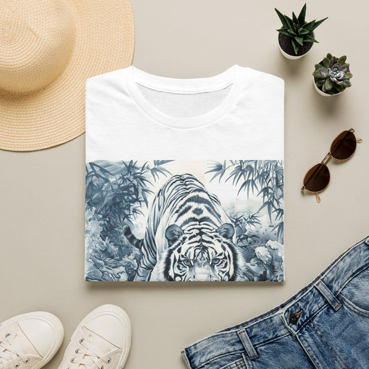 White T‑Shirt with Blue Watercolor Tiger Print — Gentle Jungle Graphic Tee