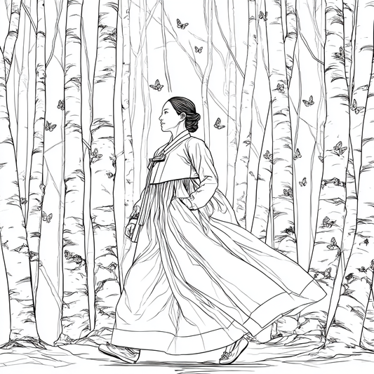 Serene Hanbok Walk Through a Birch Forest