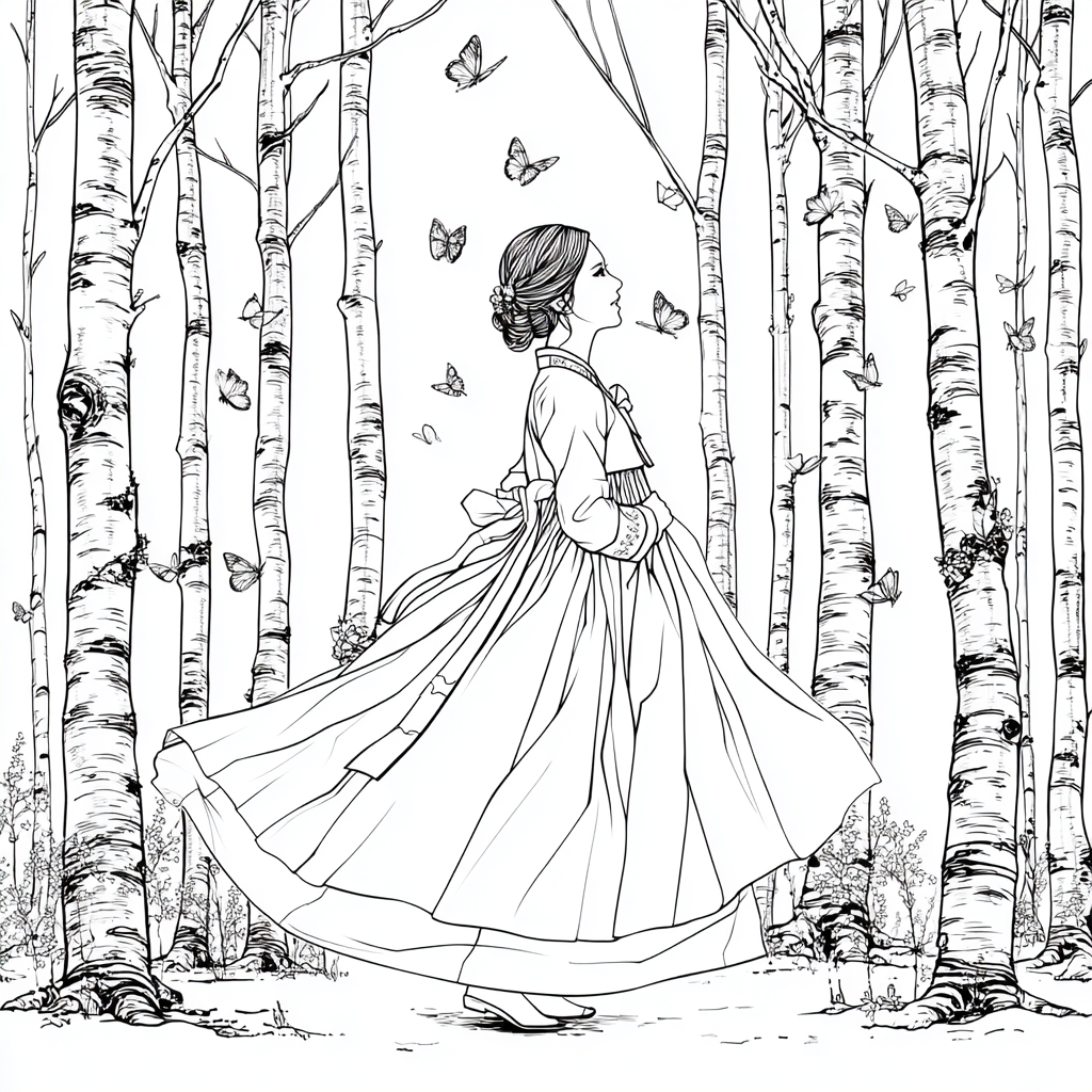 Serene Hanbok Walk Through a Birch Forest