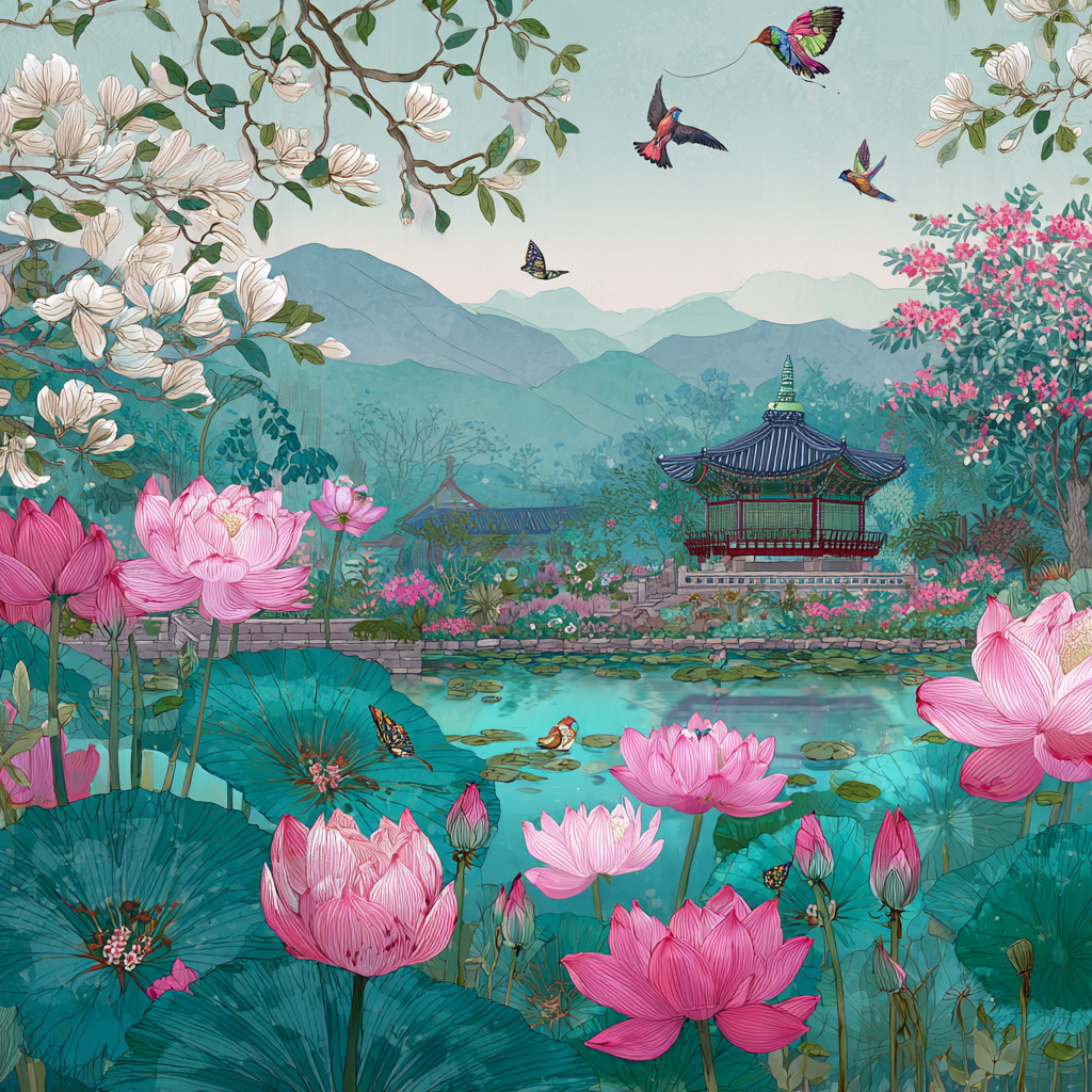 Korean Palace Lotus Garden Watercolor Landscape