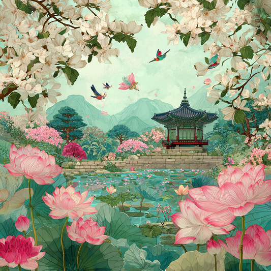 Korean Palace Lotus Garden Watercolor Landscape