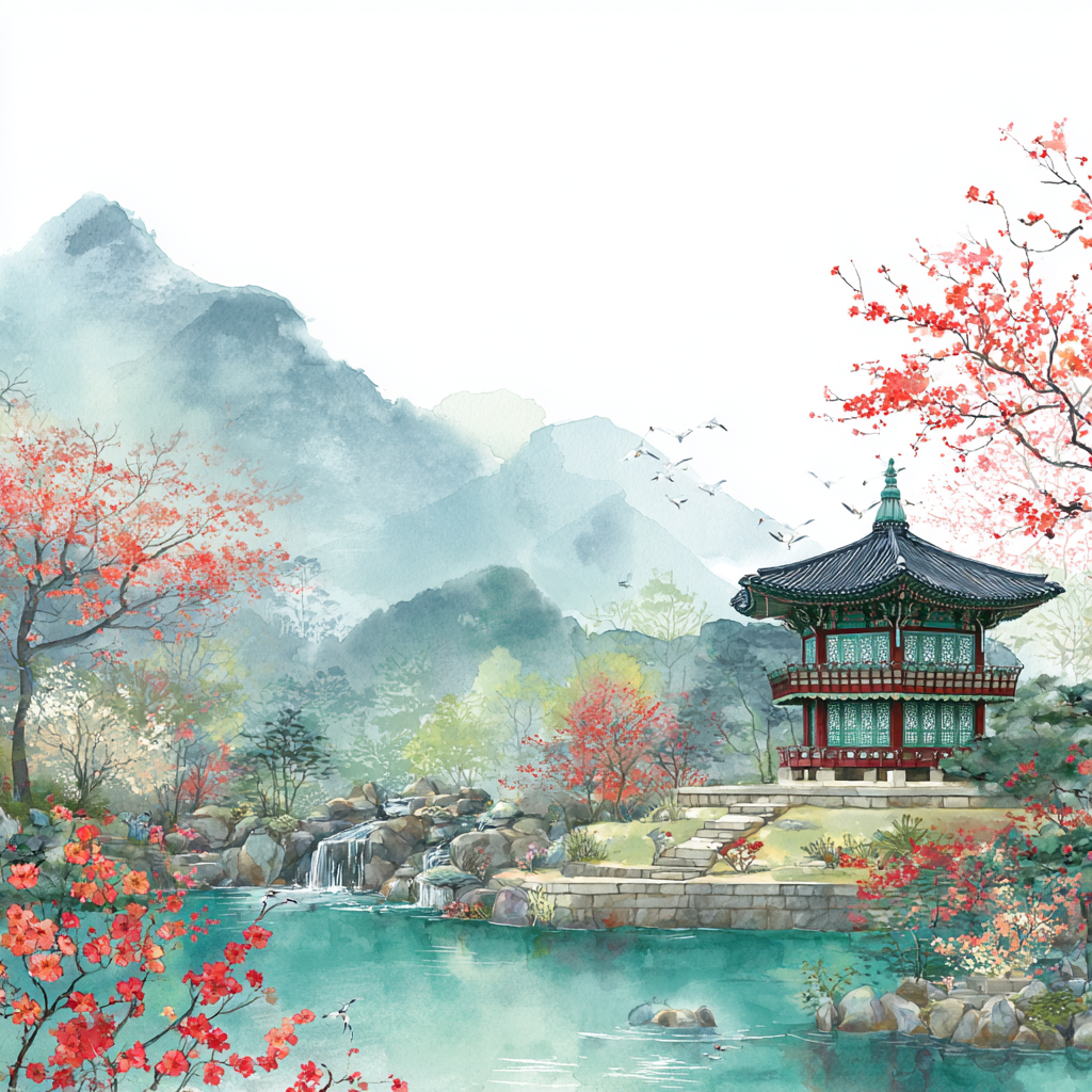 Korean Palace Spring Garden Watercolor Landscape