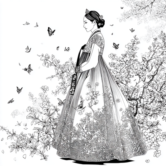 Blossom Hanbok Princess in a Korean Courtyard