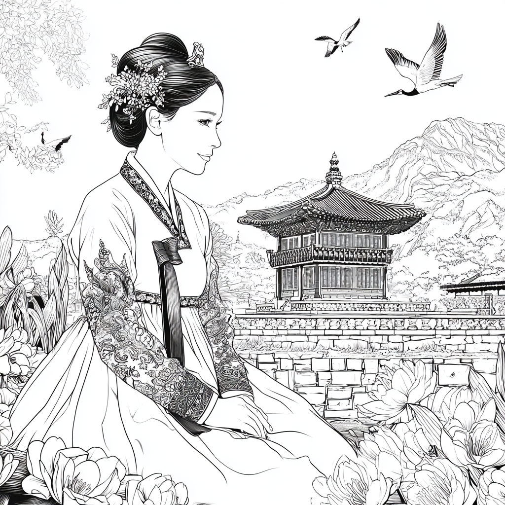 Serene Korean Hanbok Garden with Cranes and Palace Waterfall