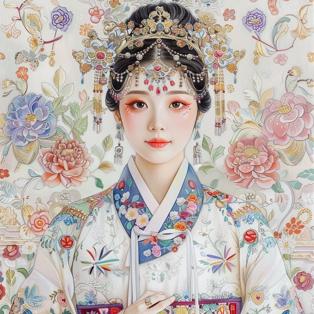 Crown of Blossoms: Korean Bride in Regal Hanbok