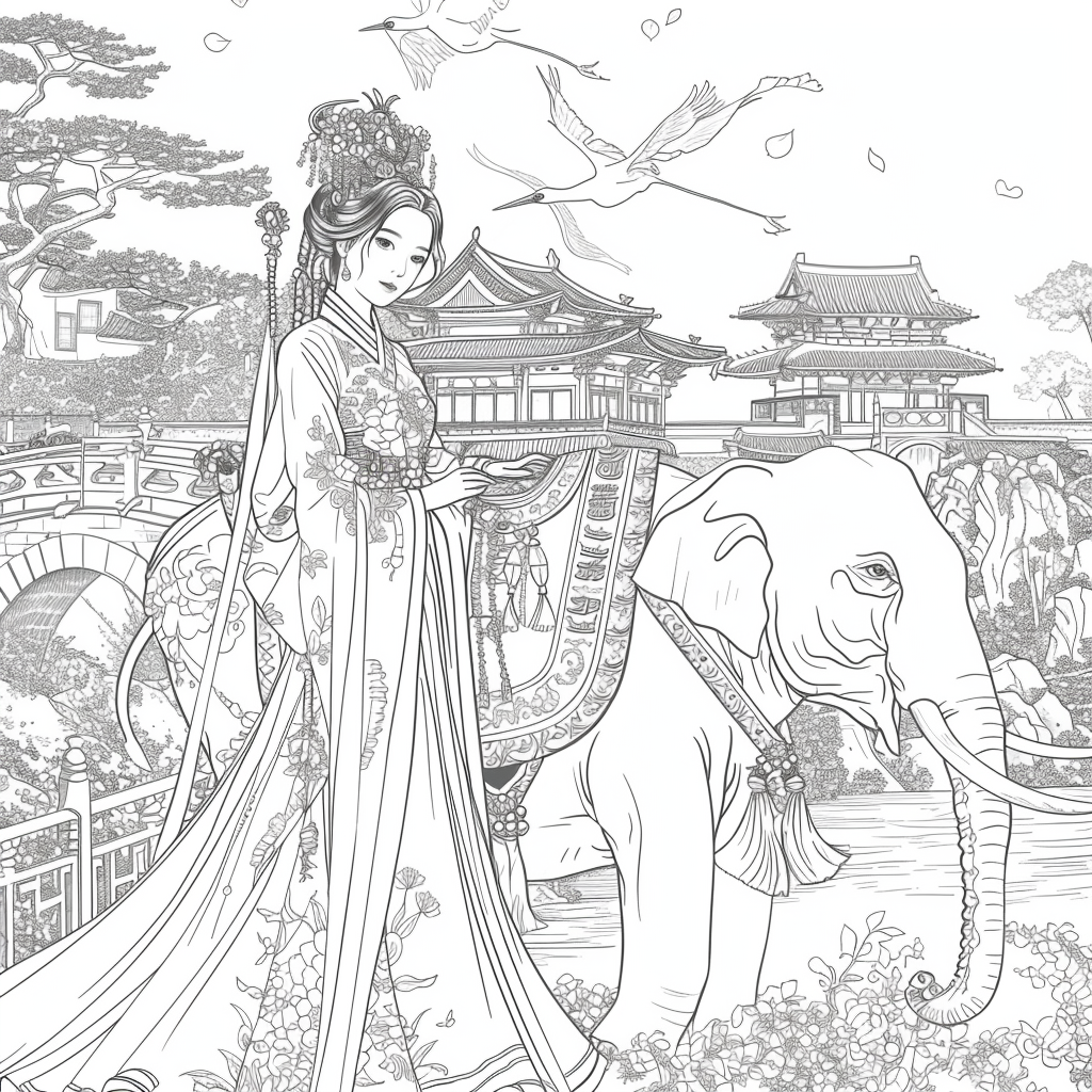 Princess of Spring: Elegance with Elephant and Cranes