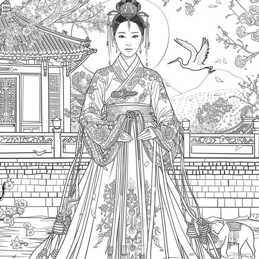 Princess of Spring: Elegance with Elephant and Cranes