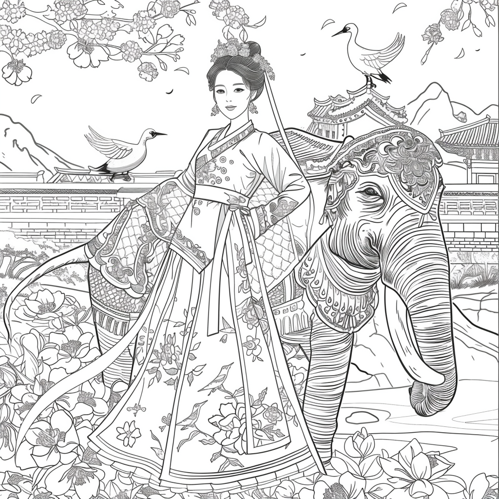 Princess of Spring: Elegance with Elephant and Cranes