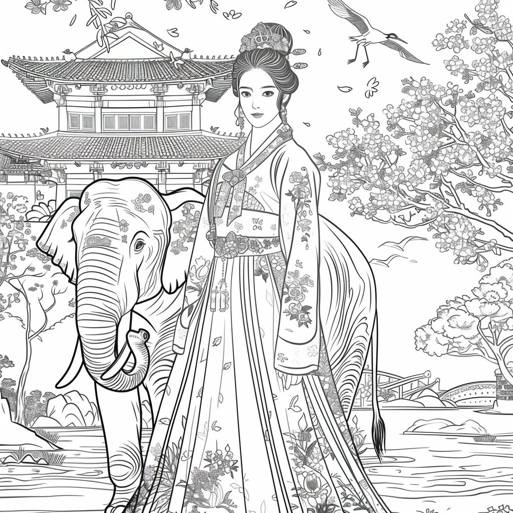 Princess of Spring: Elegance with Elephant and Cranes