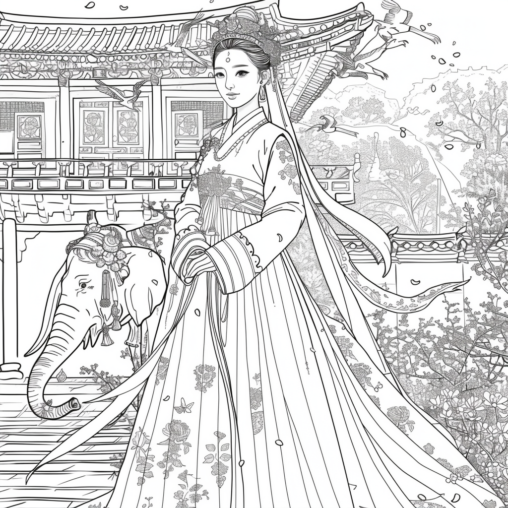 Princess of Spring: Elegance with Elephant and Cranes