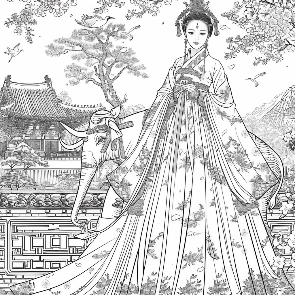 Princess of Spring: Elegance with Elephant and Cranes