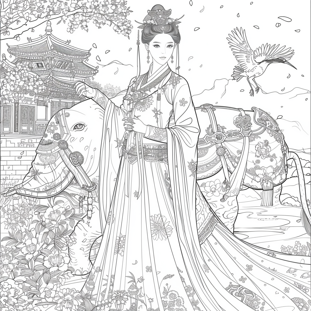 Princess of Spring: Elegance with Elephant and Cranes