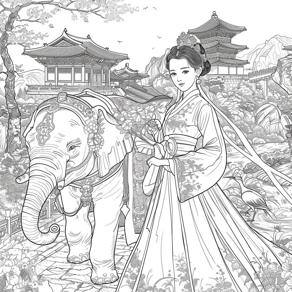 Princess of Spring: Elegance with Elephant and Cranes