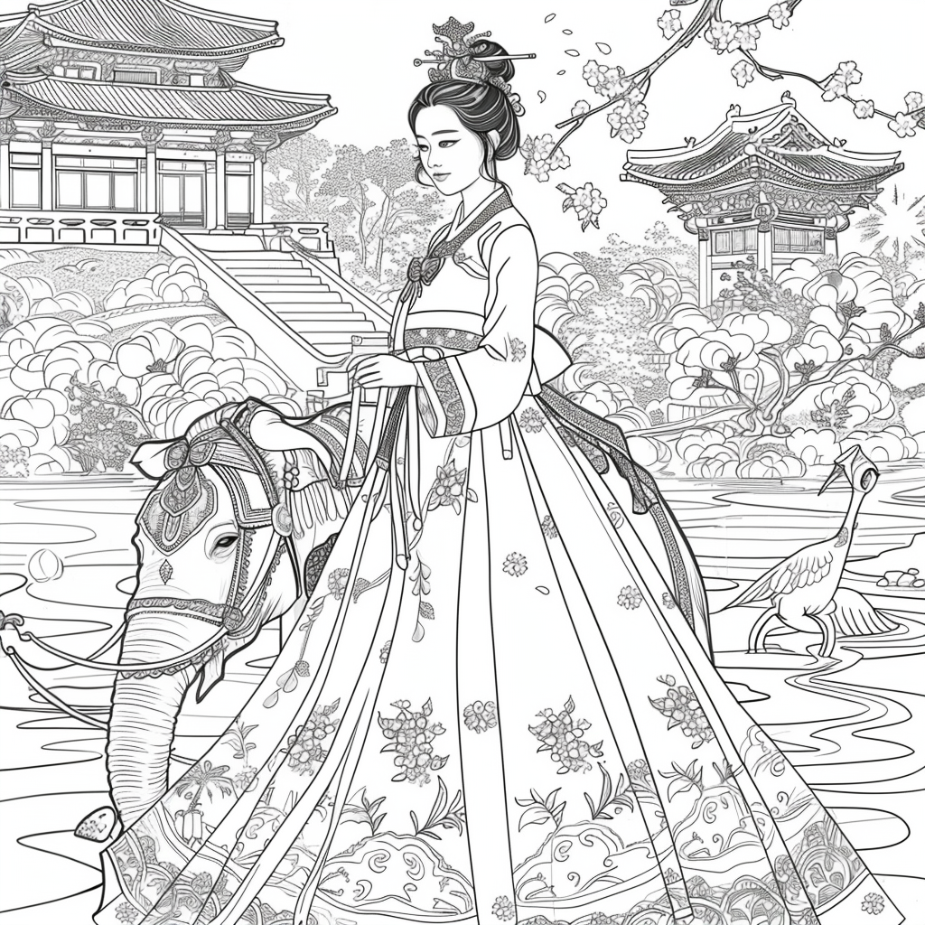 Princess of Spring: Elegance with Elephant and Cranes