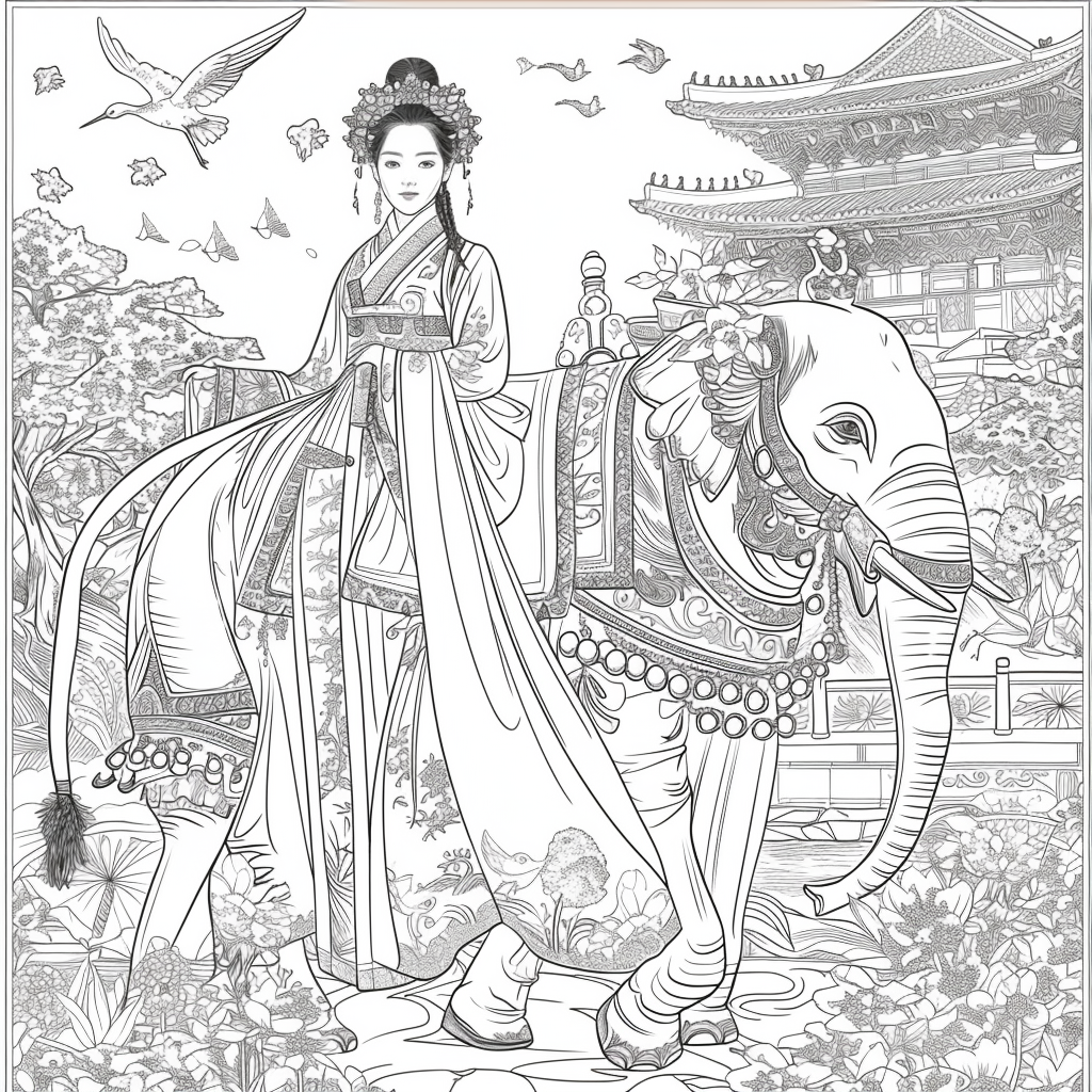 Princess of Spring: Elegance with Elephant and Cranes