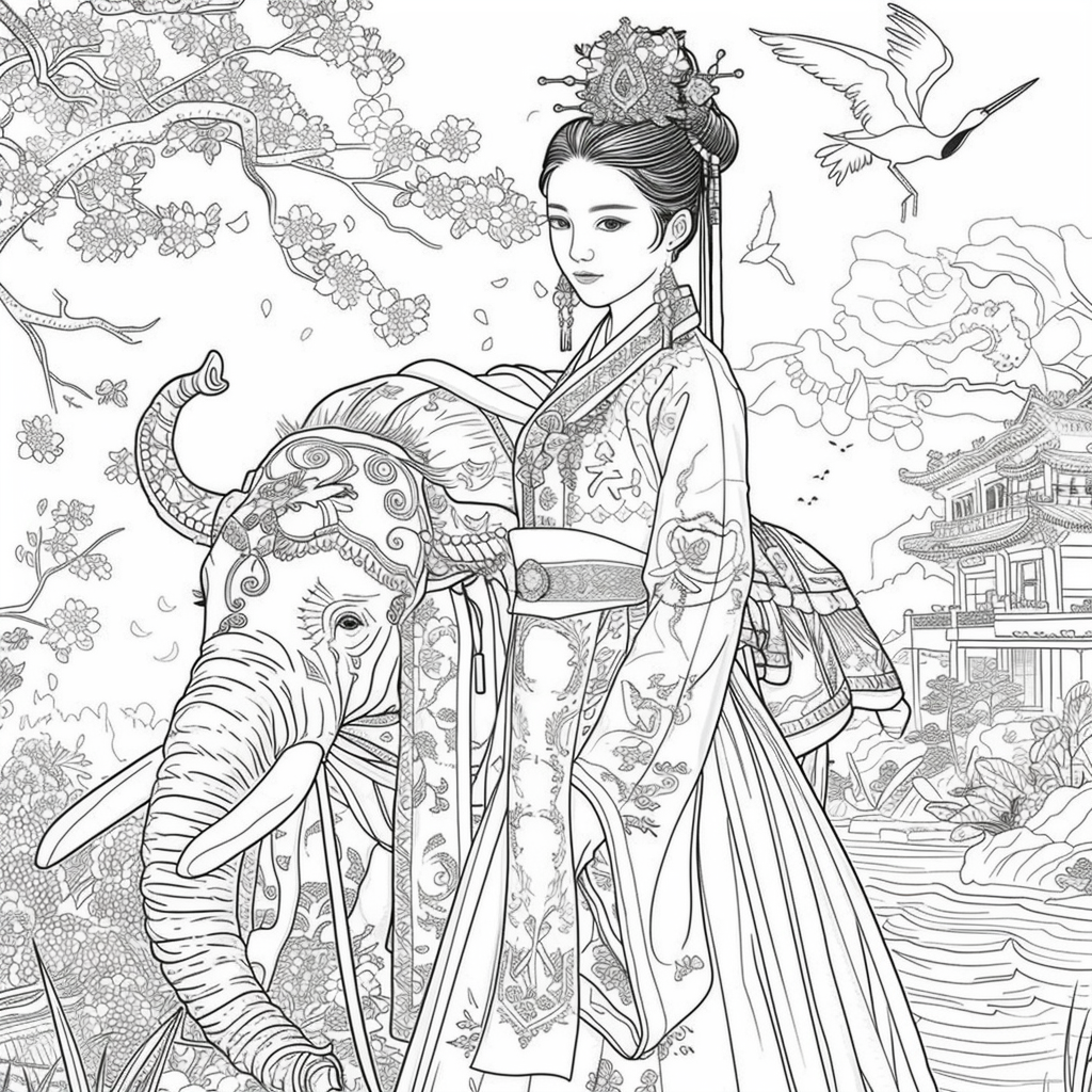 Princess of Spring: Elegance with Elephant and Cranes