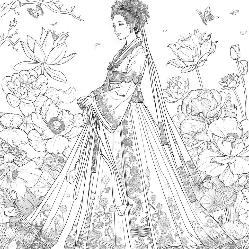 Majestic Bride in Hanbok Amidst Lotus Blossoms