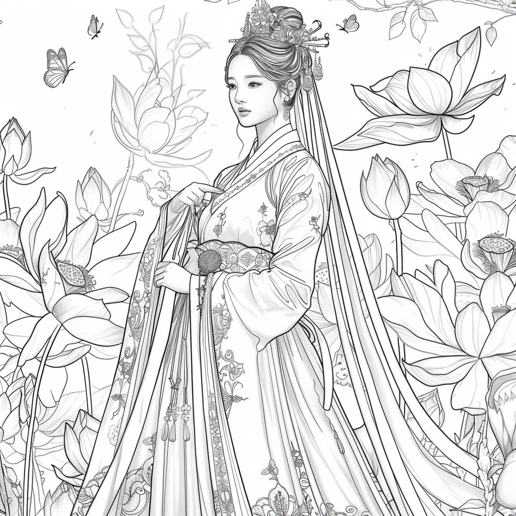 Majestic Bride in Hanbok Amidst Lotus Blossoms