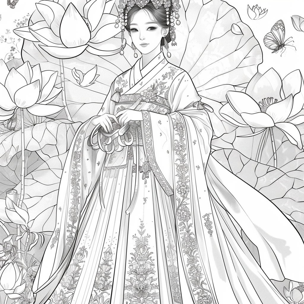 Majestic Bride in Hanbok Amidst Lotus Blossoms