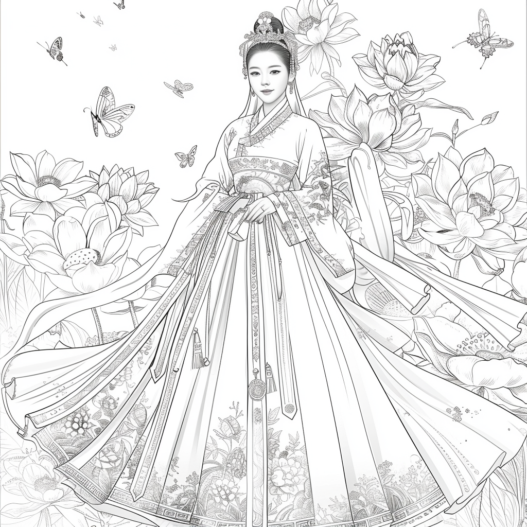 Majestic Bride in Hanbok Amidst Lotus Blossoms