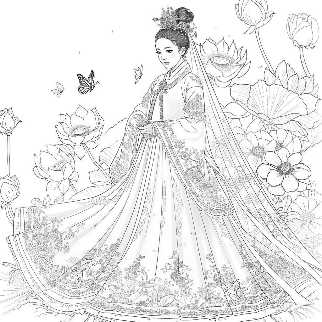 Majestic Bride in Hanbok Amidst Lotus Blossoms