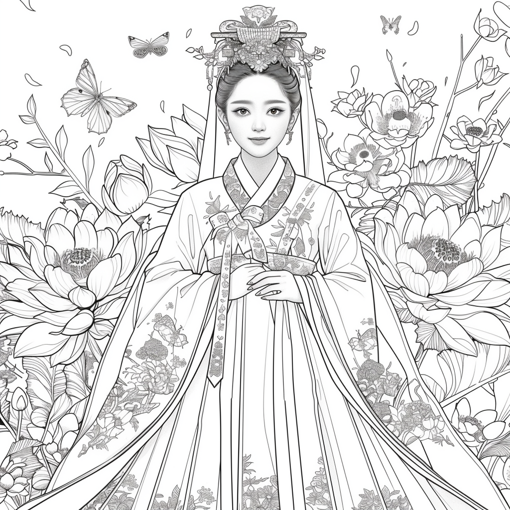 Majestic Bride in Hanbok Amidst Lotus Blossoms